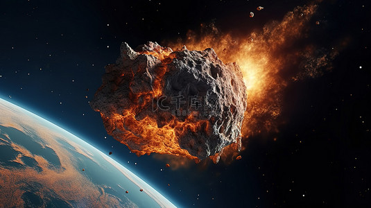 一颗着火的小行星冲向地球的 3D 插图