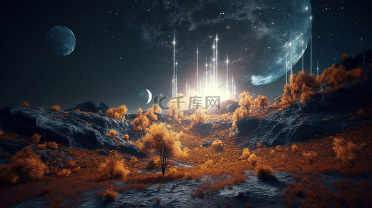 森林夜晚背景图片_抽象发光粒子照亮的外星森林景观的 3D 渲染