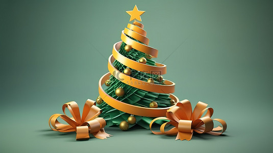 新年送贺卡背景图片_节日横幅贺卡的 3D 渲染插图，上面有丝带装饰的松树圣诞树