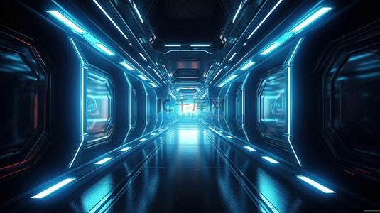 通过插图展示带有醒目的 3D 蓝色灯光的未来派太空飞船走廊