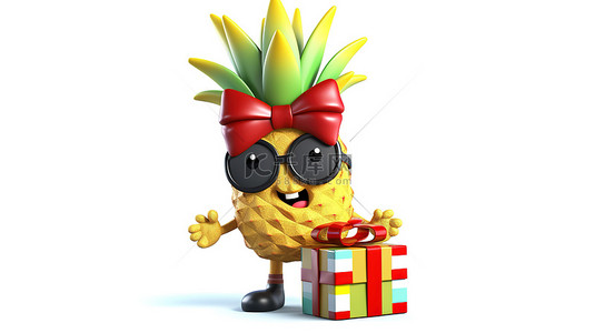 一个异想天开的时髦菠萝人物吉祥物，配有礼品盒和白色背景下 3D 渲染的红丝带
