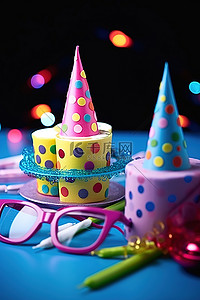 生日蛋糕蜡烛背景图片_生日眼镜蛋糕蜡烛和帽子坐在桌子上