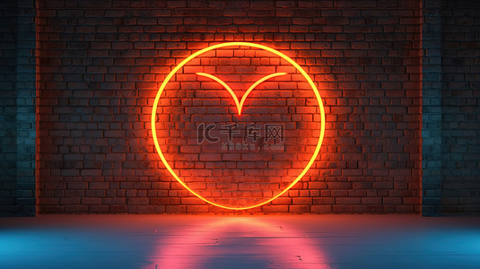 霓虹灯爱情标志在 3D 渲染中照亮砖墙的椭圆形框架
