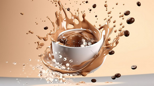 下降线型图背景图片_咖啡豆下降时牛奶飞溅的壮观 3D 渲染
