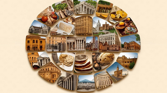 时尚美食背景图片_罗马标志性食物和建筑的圆形 3D 图标时尚汇编