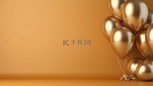 金色纸屑背景图片_优雅背景 3D 渲染上的逼真金色气球，具有充足的复制空间