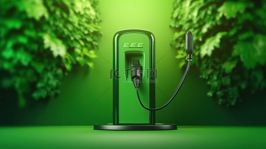 绿色背景电动汽车充电站带电源3D渲染
