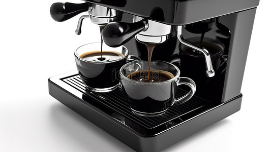 制作饮料背景图片_一台现代黑色浓缩咖啡机，在白色背景上呈现的 3D 插图中制作两杯咖啡