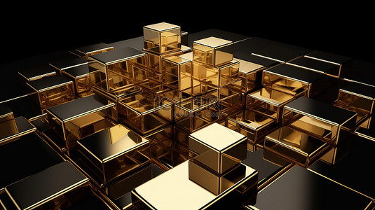黄金金条背景图片_黑色背景下金条的方形 3D 插图，顶部有清晰的空间，描绘了黄金商品市场的概念
