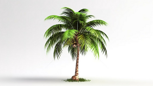 热带奇幻 3D 渲染郁郁葱葱的棕榈树，绿叶和青草，非常适合海滩度假和夏季度假