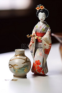 日本和服和服背景图片_艺伎娃娃雕像 艺伎娃娃雕像带花瓶