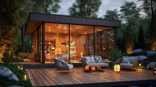现代房屋木甲板上的夜间户外休息室 3D 插图
