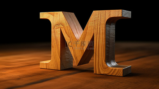 3d 渲染的字母 m 的倾斜木质字体
