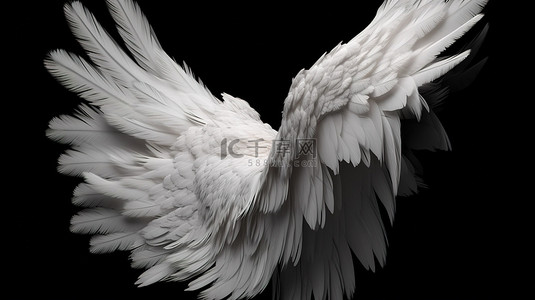 白色鸟背景图片_黑色背景上带有羽毛羽毛的白色天使翅膀的剪裁 3D 插图