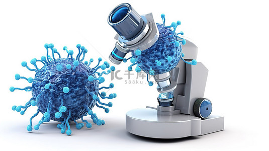 白色背景 3D 渲染上的当代实验室显微镜和蓝色细菌或病毒细胞