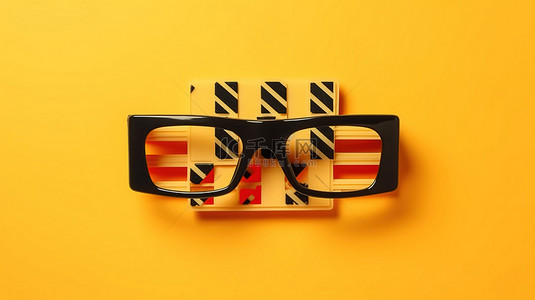 黄色背景上的 3D 眼镜与电影拍板从顶视图捕捉电影制作和娱乐制作