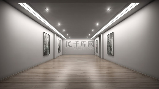 画展墙壁背景图片_3D 渲染的木地板画廊房间，没有任何物体