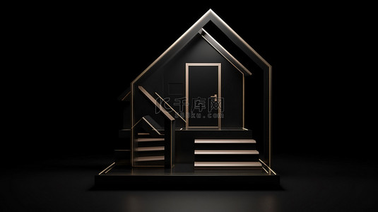 黑色背景隔离房屋框架图标的 3D 渲染，包括简单的房屋和楼梯符号