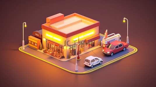 城市便利店背景图片_带汽车的等距便利店的 lowpoly 3d 渲染