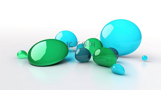 白色背景，带有绿色和蓝色的简约 3D 聊天气泡，通过 3D 渲染插图描绘社交媒体通信