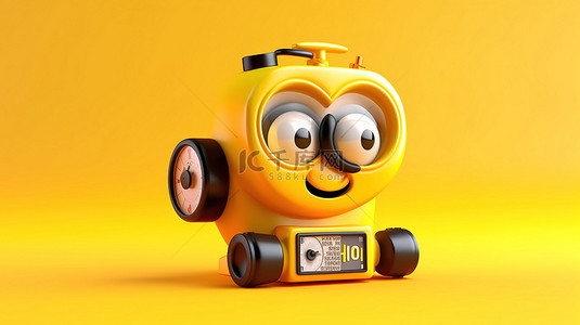 可爱卡通时间背景图片_3D 渲染的闹钟吉祥物，带有现代数码相机，在充满活力的黄色背景下