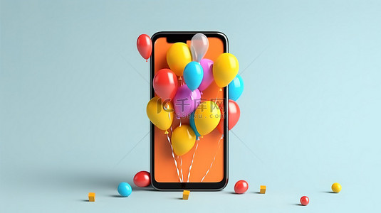 通过手机的 3D 渲染描绘的销售概念，周围环绕着礼物和飞行的气球