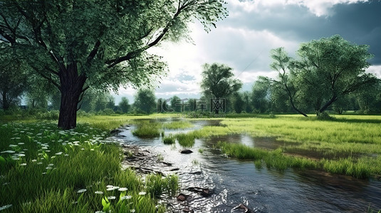 花田ppt背景图片_夏日郁郁葱葱的绿色田野河流和多雨的树木的 3D 插图