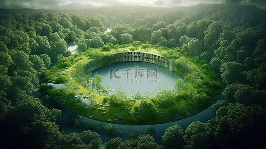 绿色排放背景图片_青翠森林中工厂池塘的生态友好制造 3D 渲染