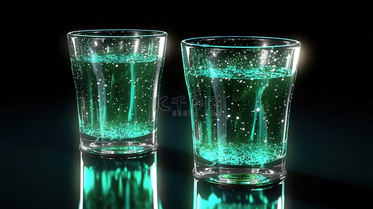 金属茶杯背景图片_金属绿水和牛奶眼镜，黑色背景 3D 渲染上带有片状口音，特写
