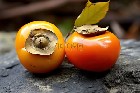 两个橙色的柿子果子放在岩石上