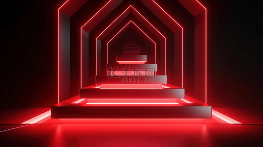 白色霓虹灯在 3D 渲染中照亮红色几何讲台