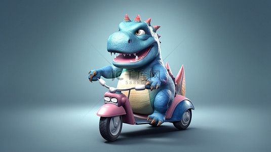 滑稽的 3D 恐龙骑着摩托车
