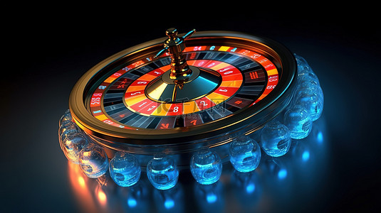 动态 3D 轮盘赌轮，充满活力的橙色蓝色灯光和闪闪发光的金币在神秘的黑色背景上翱翔