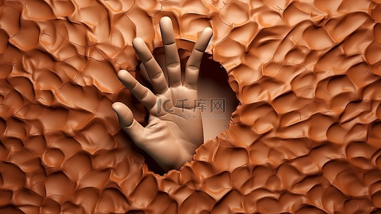 双手突破超现实的 3D 墙壁插图