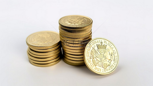 在符号背景图片_3d 渲染金色英镑硬币隔离在白色背景