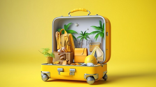 夏季海滩度假 3D 渲染黄色手提箱，里面装满了旅行必需品