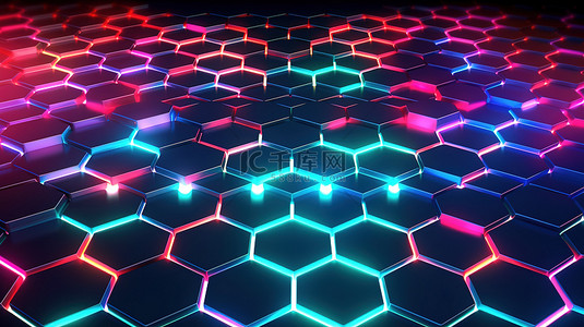 3D 渲染的六角形网格背景与未来派霓虹灯发光