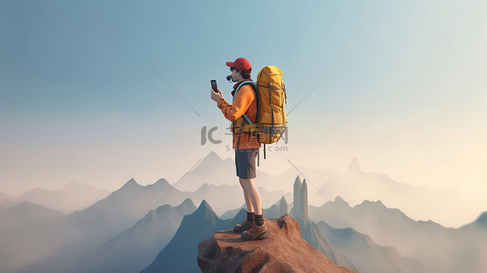 山数字背景图片_在山顶上背着背包和手机的游客的数字描绘