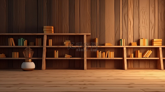 木制方印背景图片_学校主题 3d 渲染两个书架，在木制讲台背景上放满课本