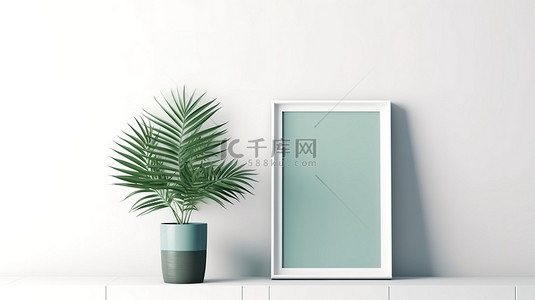 白墙上海报框架模型的 3D 插图，带有棕榈阴影和装饰有装饰元素的绿色橱柜
