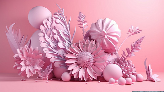3d 渲染中带有花卉重音的粉红色背景