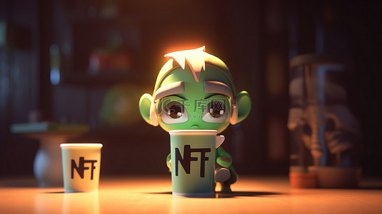 NFT 品牌 3D 渲染可爱角色在元宇宙中喝咖啡