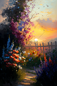 春天女孩背景图片_花树小路日出早晨的花园背景