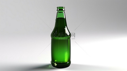 带有绿色啤酒瓶的白色背景的 3d 渲染