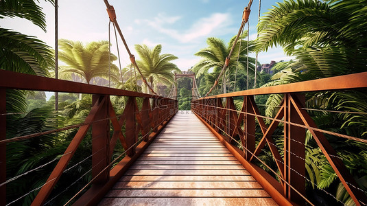 爬山景观背景图片_悬挂在水面上的热带木甲板铁桥的插图