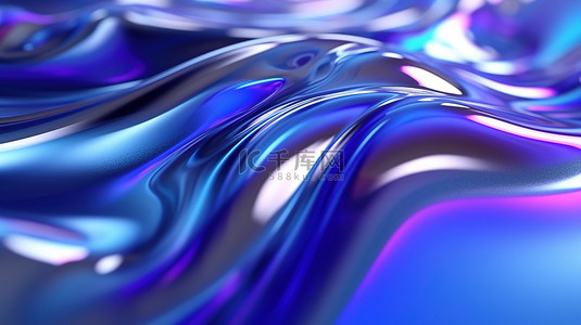 蓝色抽象液体或玻璃背景上迷人的金属闪光和光反射 3D 渲染插图