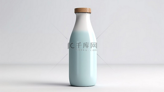 蓝色牛奶背景图片_带木帽的蓝色有机奶瓶样机的白色背景 3D 渲染