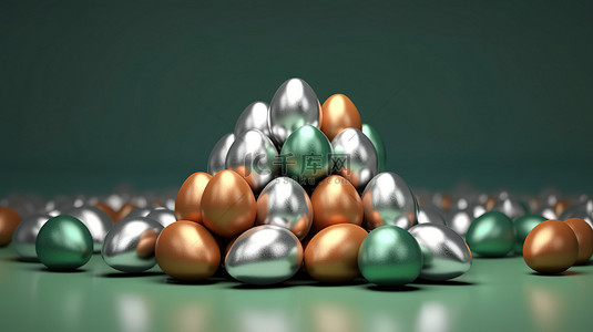 绿色背景上被色彩鲜艳的复活节彩蛋包围的银蛋的 3D 插图
