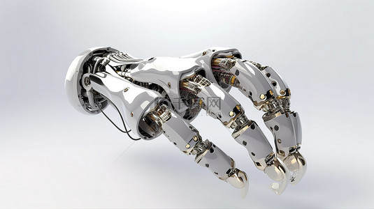五指山手势背景图片_白色背景展示了用精确手指进行测量的 3D 渲染机器人手