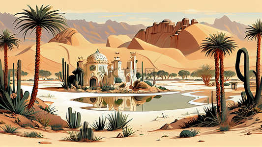 卡通沙漠建筑背景图片_建筑沙漠绿洲浅色背景